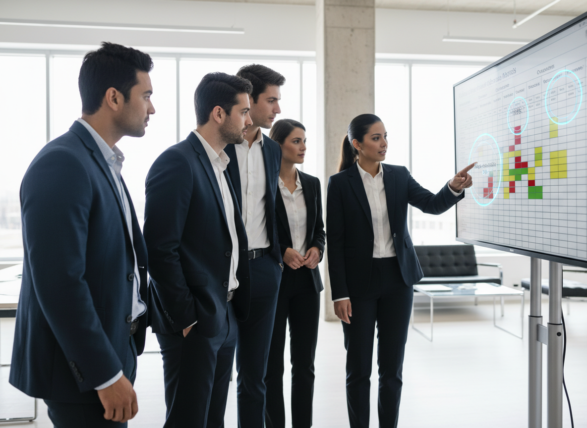 Engineers reviewing an AI-assisted FMEA risk matrix on a large screen in a bright modern office