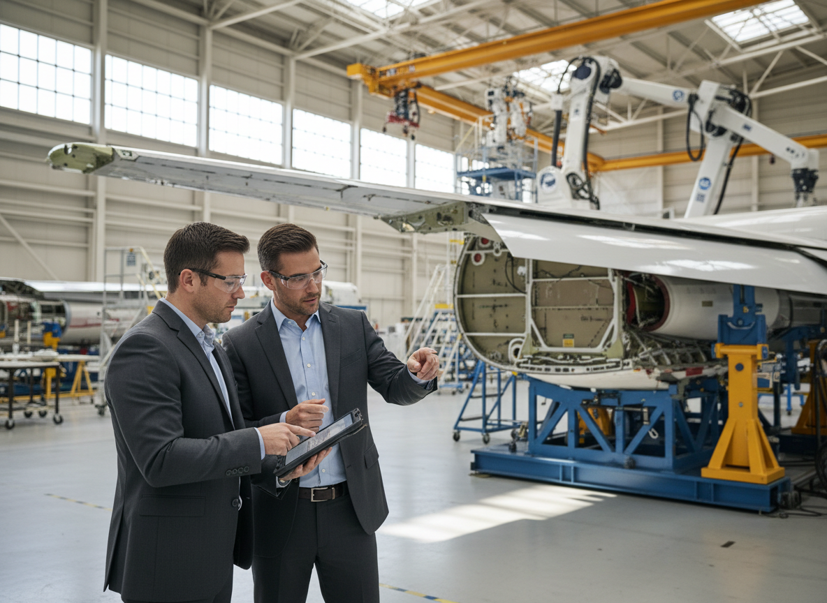 Engineers inspecting an aircraft component and reviewing standards documentation in an aerospace facility