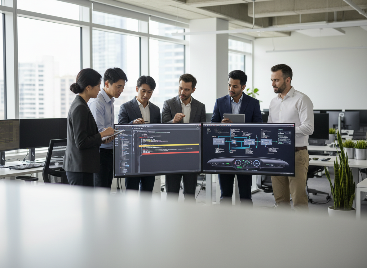 Automotive software engineers reviewing safety-critical code and vehicle systems on screens in a modern engineering office