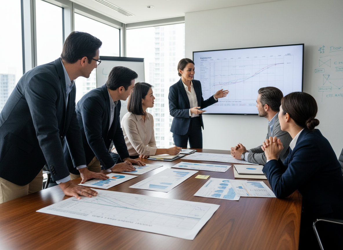 A team collaborating around APQP process charts in a bright modern conference room