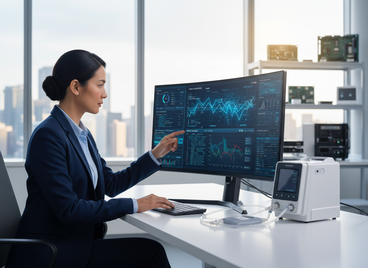 Cybersecurity professional reviewing a security dashboard near connected medical device equipment