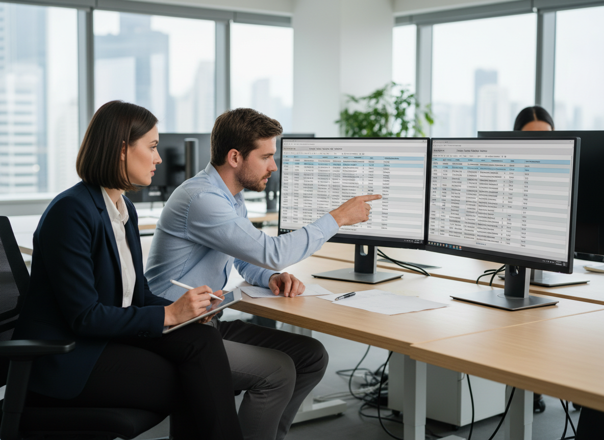 Quality engineers reviewing detailed FMEA worksheets on dual monitors at a workstation