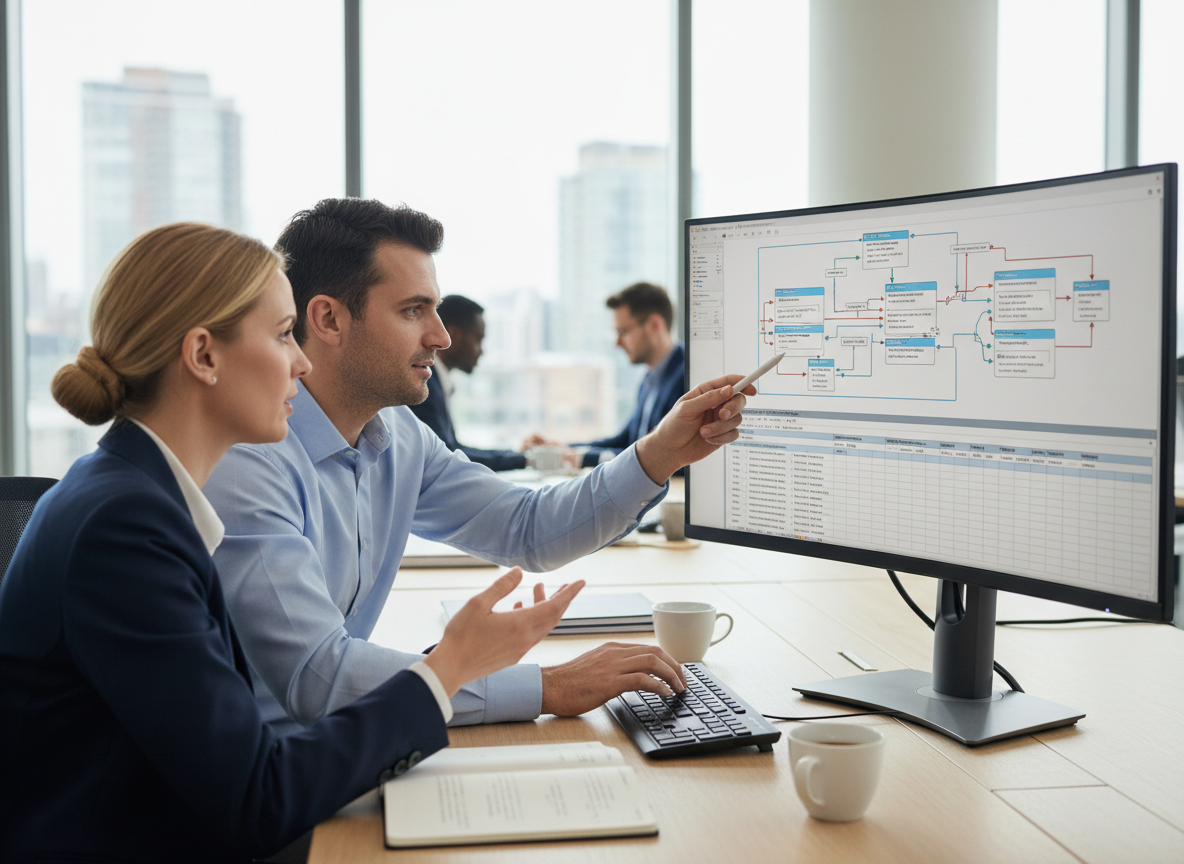 Two engineers reviewing an automotive systems architecture and requirements diagram on a large monitor in a modern office
