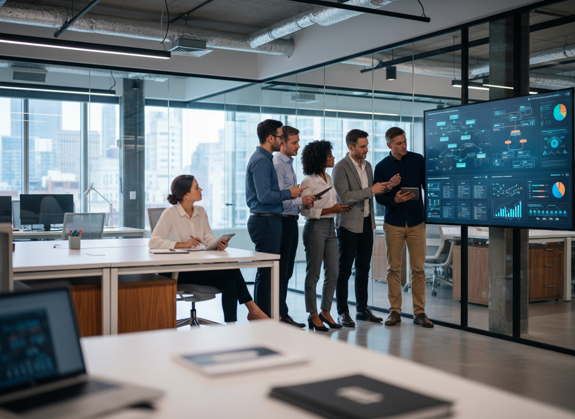Engineers reviewing AI-powered requirements management software on a large display in a modern office