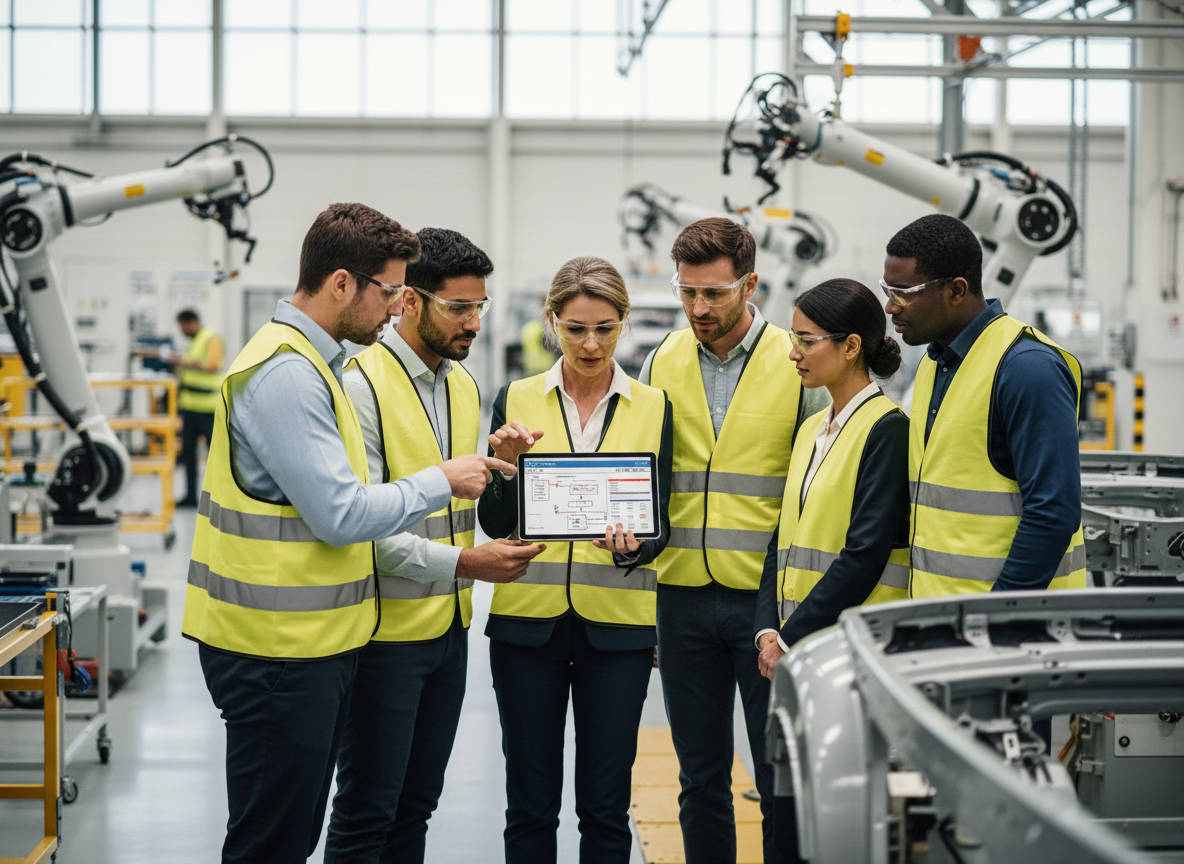 Quality engineering team reviewing a digital FMEA and control plan on a tablet on a modern automotive factory floor