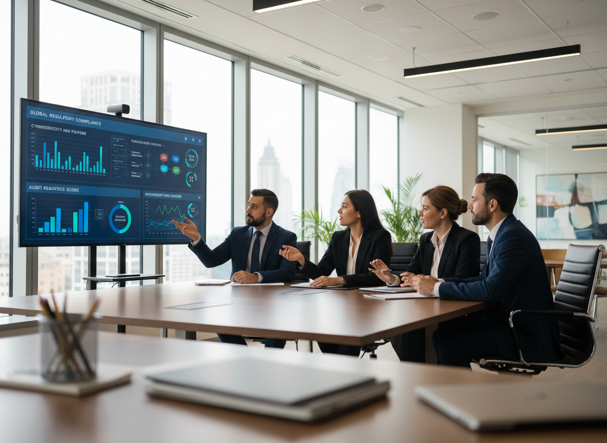 Medical device regulatory and cybersecurity professionals in discussion reviewing a compliance dashboard