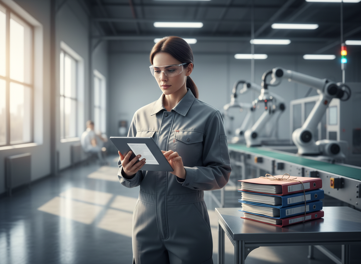 Factory worker using a tablet for paperless quality documentation on the production floor