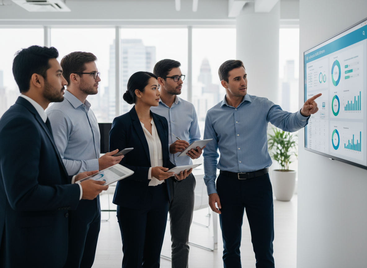 Quality managers reviewing a digital QHSE platform dashboard in a modern office