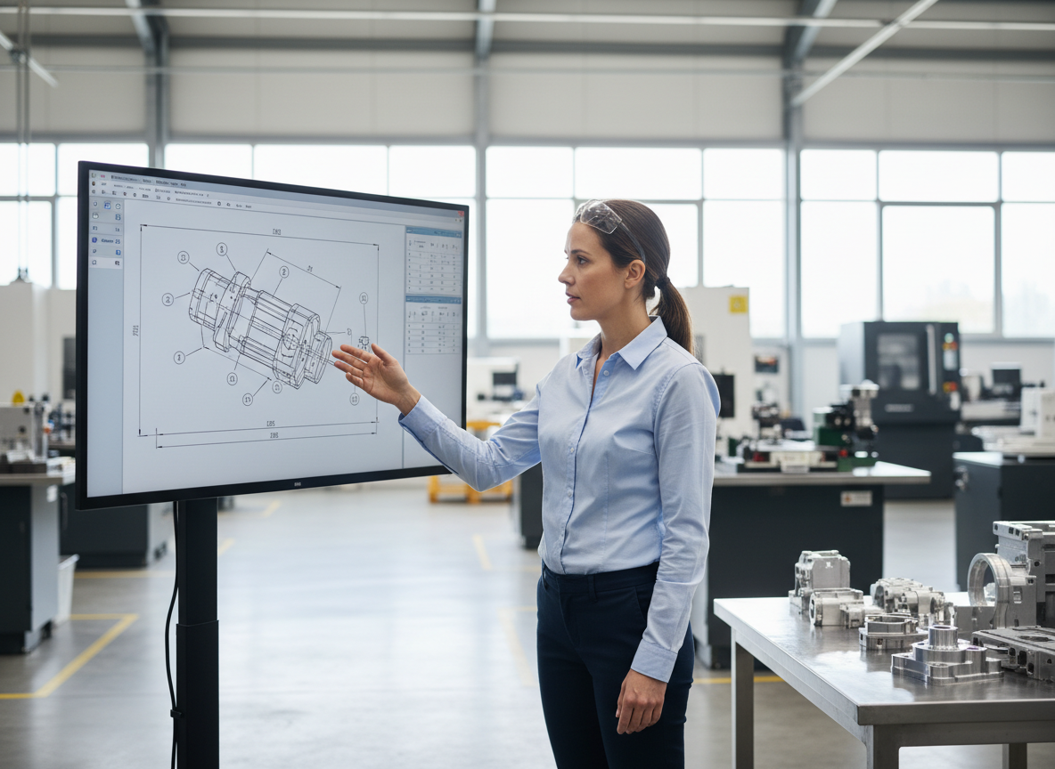 Quality engineer reviewing an AI-generated PPAP review of a technical drawing on a touchscreen in an automotive plant