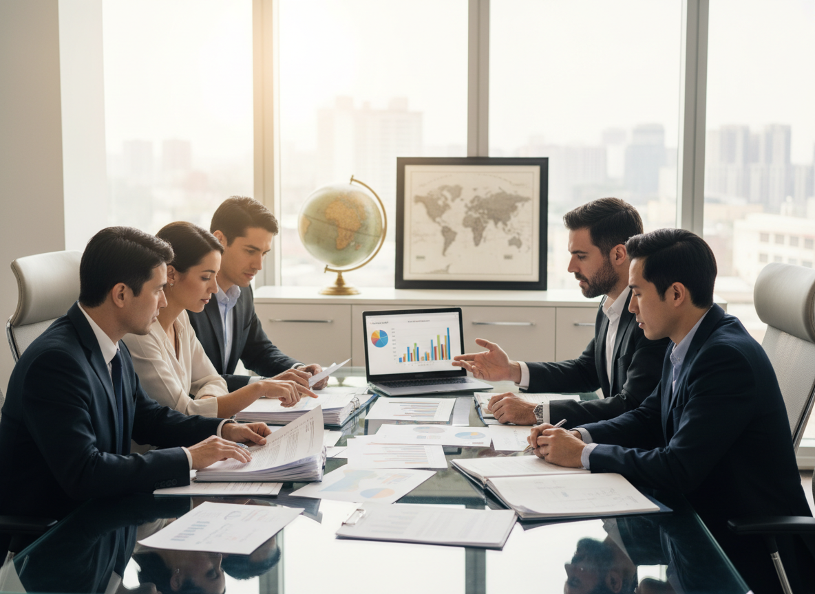 Quality and compliance professionals reviewing standards documents together in a modern conference room