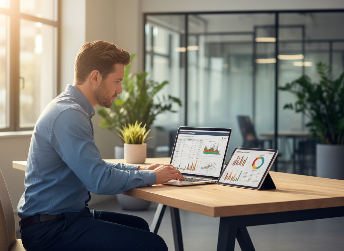 An engineer closely reviewing an AI-generated FMEA report on a laptop in a warmly lit office